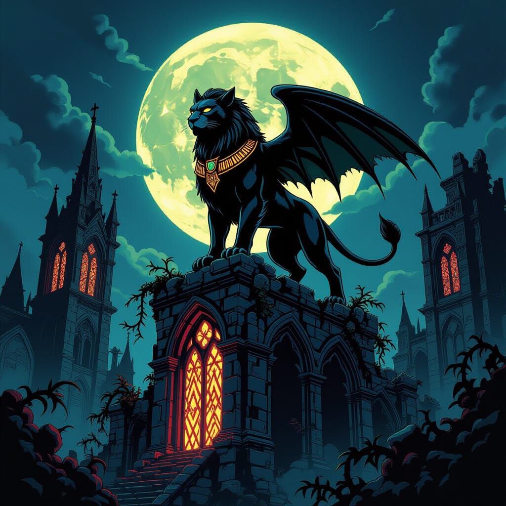Neon Tribal Sphinx on Gothic Ruins in Graphic Novel Style