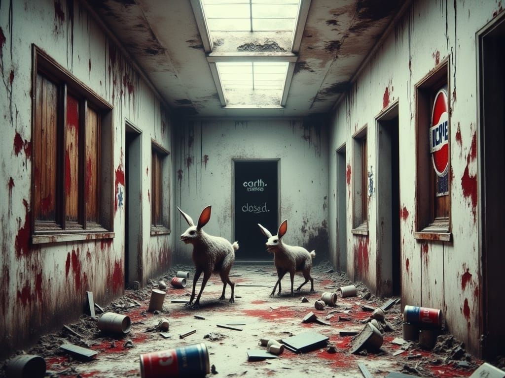 Grotesque Bunny Crawling Through Filthy Corridor