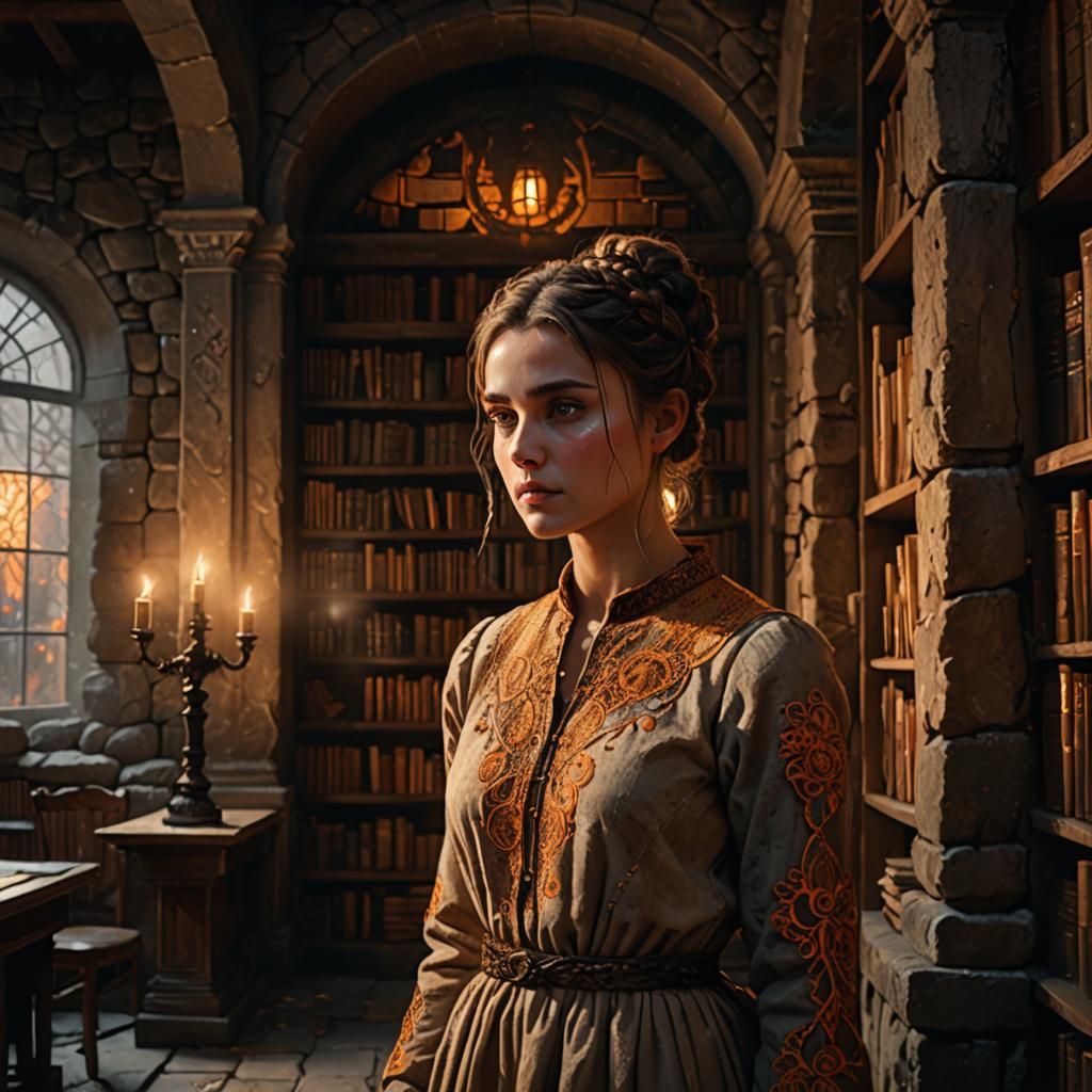 Girl in Library: Hyperrealistic Digital Art