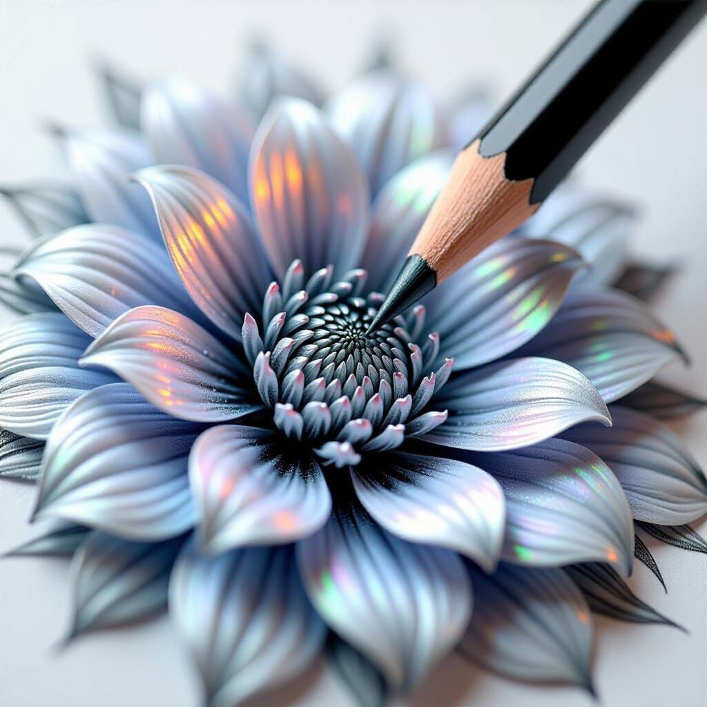 Hyperrealistic Pencil Drawing of a Shimmering Fantastical Fl...
