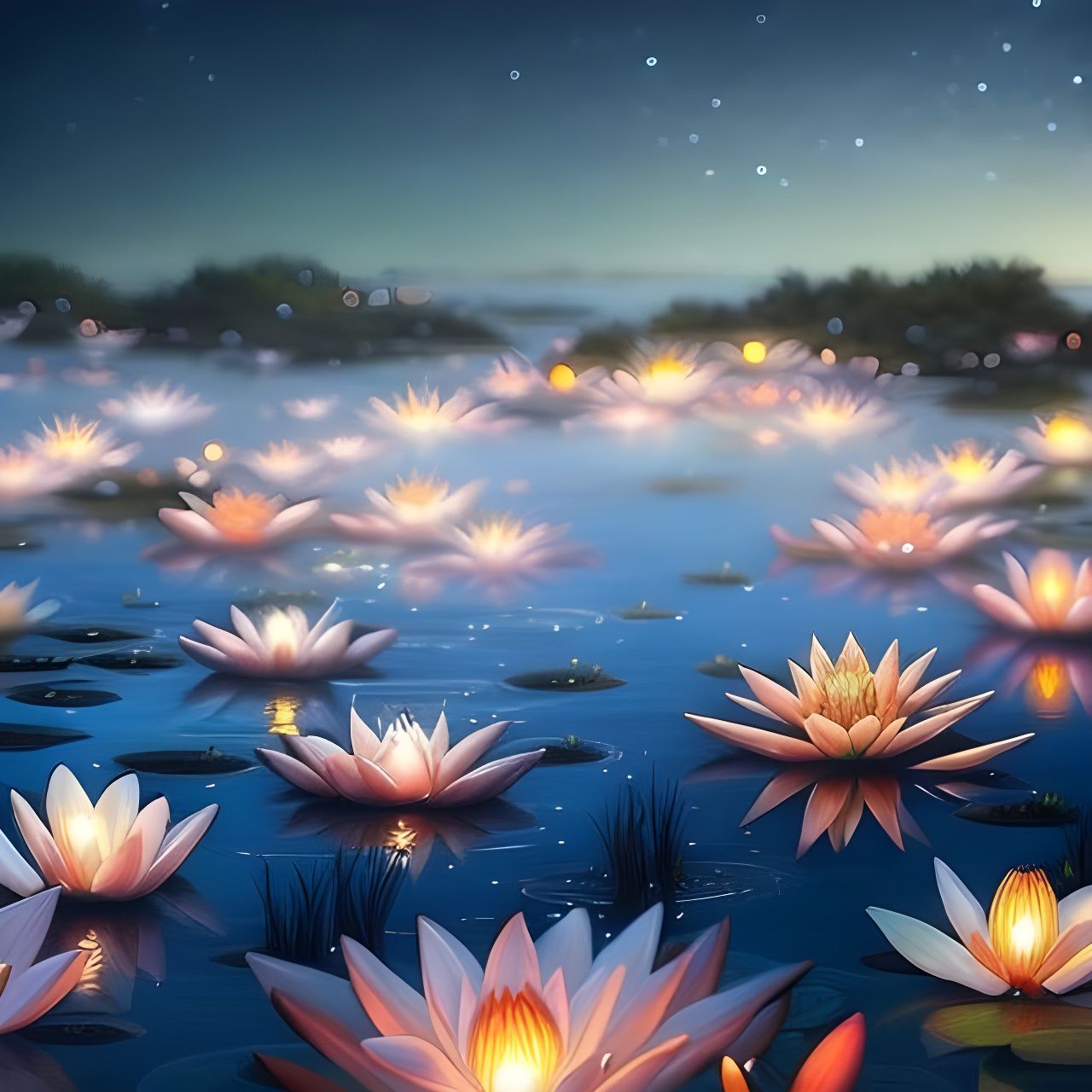 Night Sea Water Lilies Under Luminous Stars