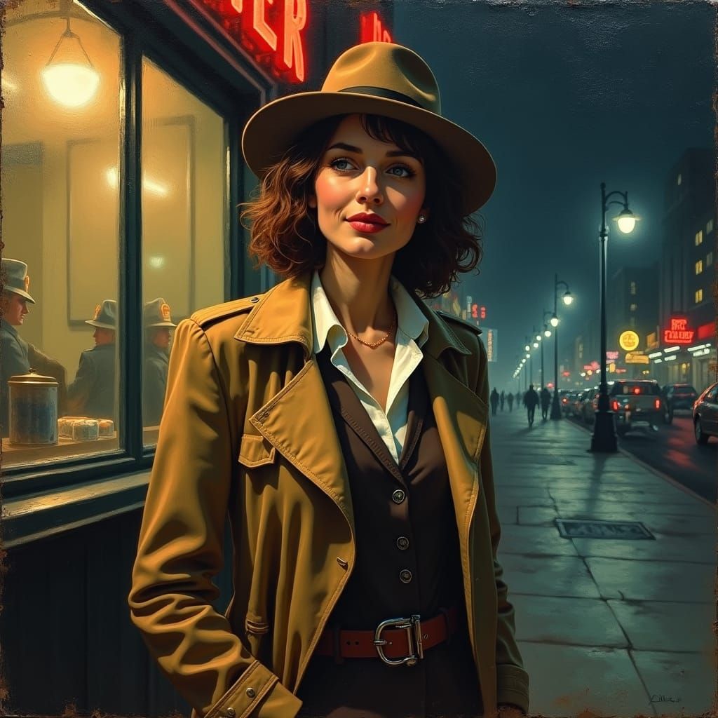 Retro Film Noir: Woman in Fedora at Diner