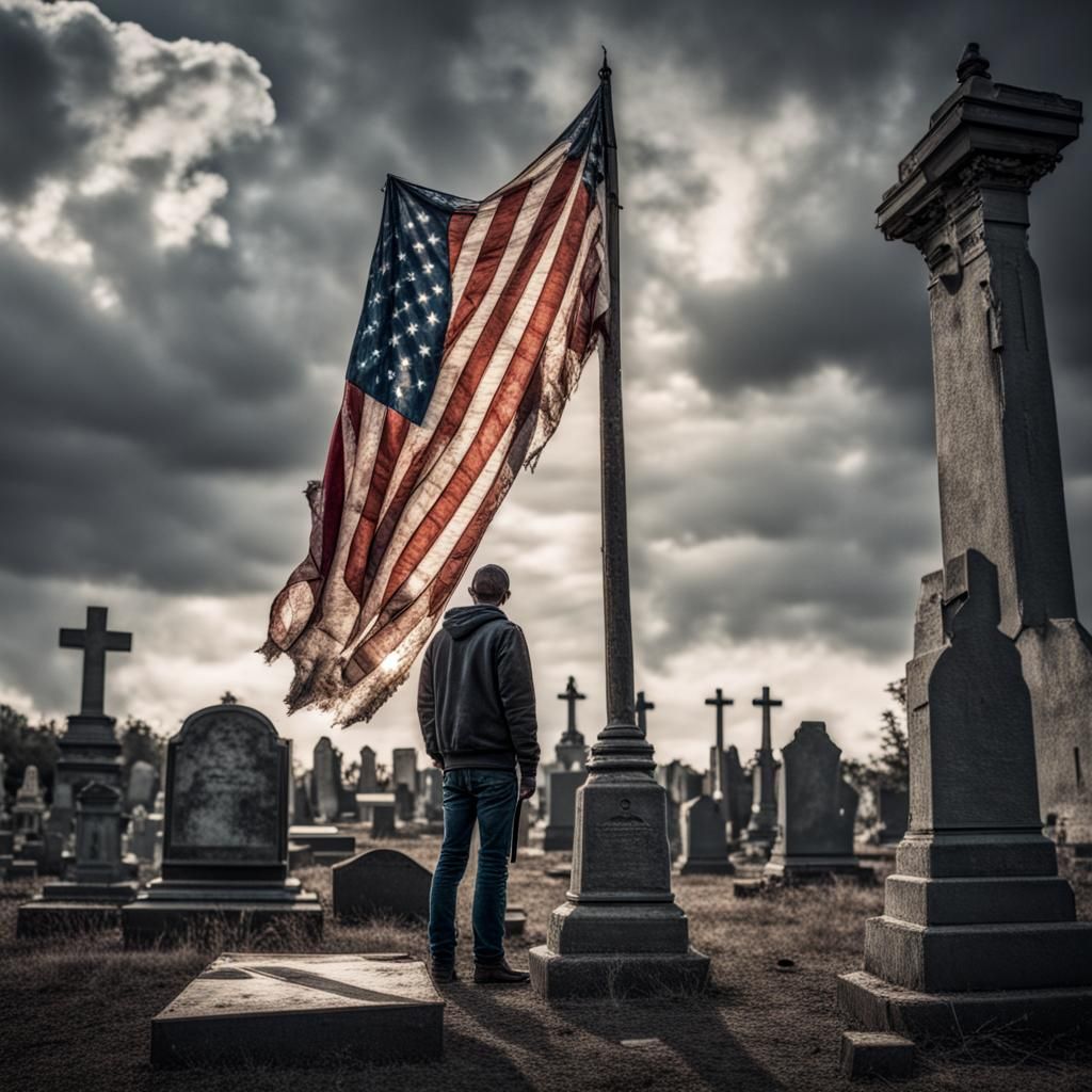 Man Overlooking Graveyard with Ripped Flag
