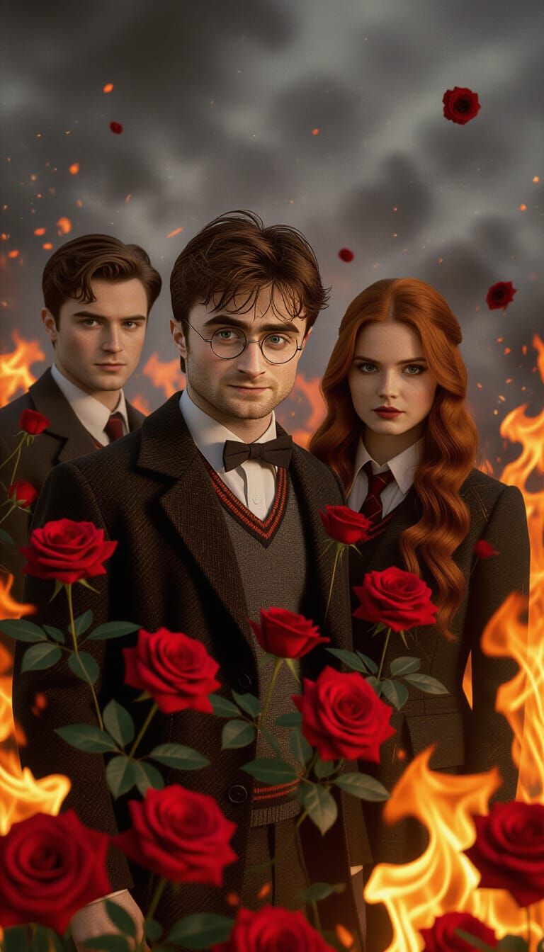 Exploding Roses Surround Figures in Hyperrealistic Scene