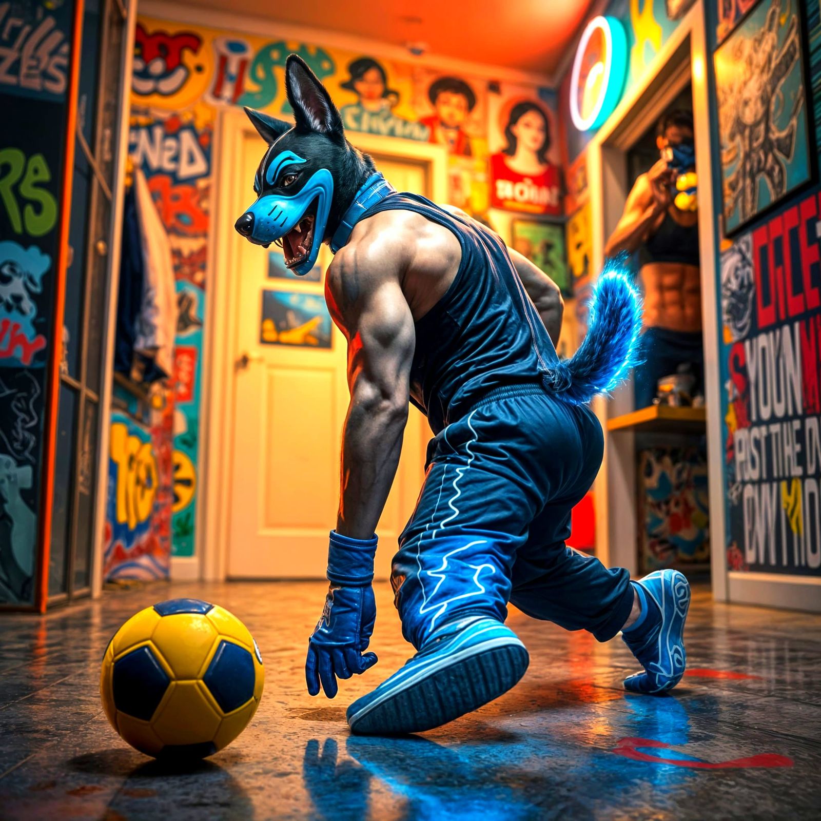 Cyberpunk Man Plays Dog in Neon-Lit Apartment