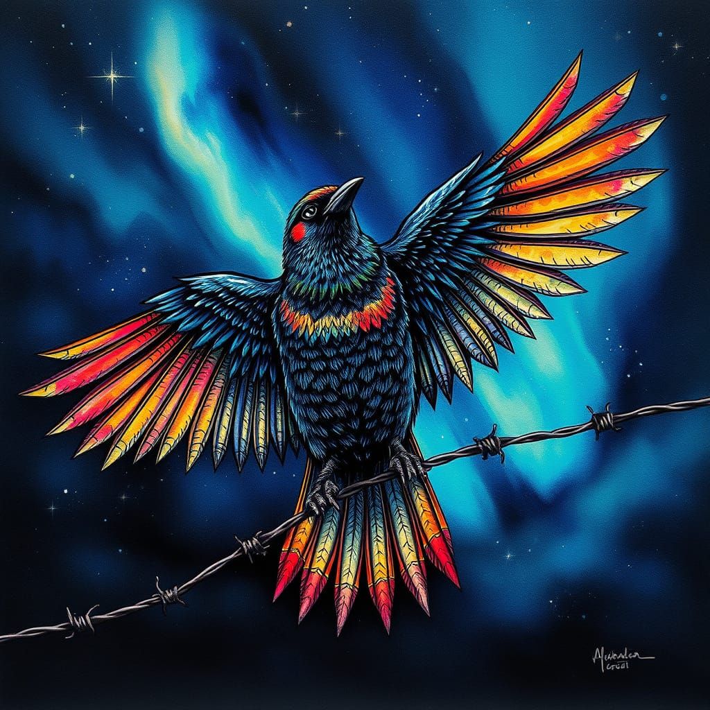 Ethereal Bird on Barbed Wire in Vibrant, Dreamlike Night Sce...