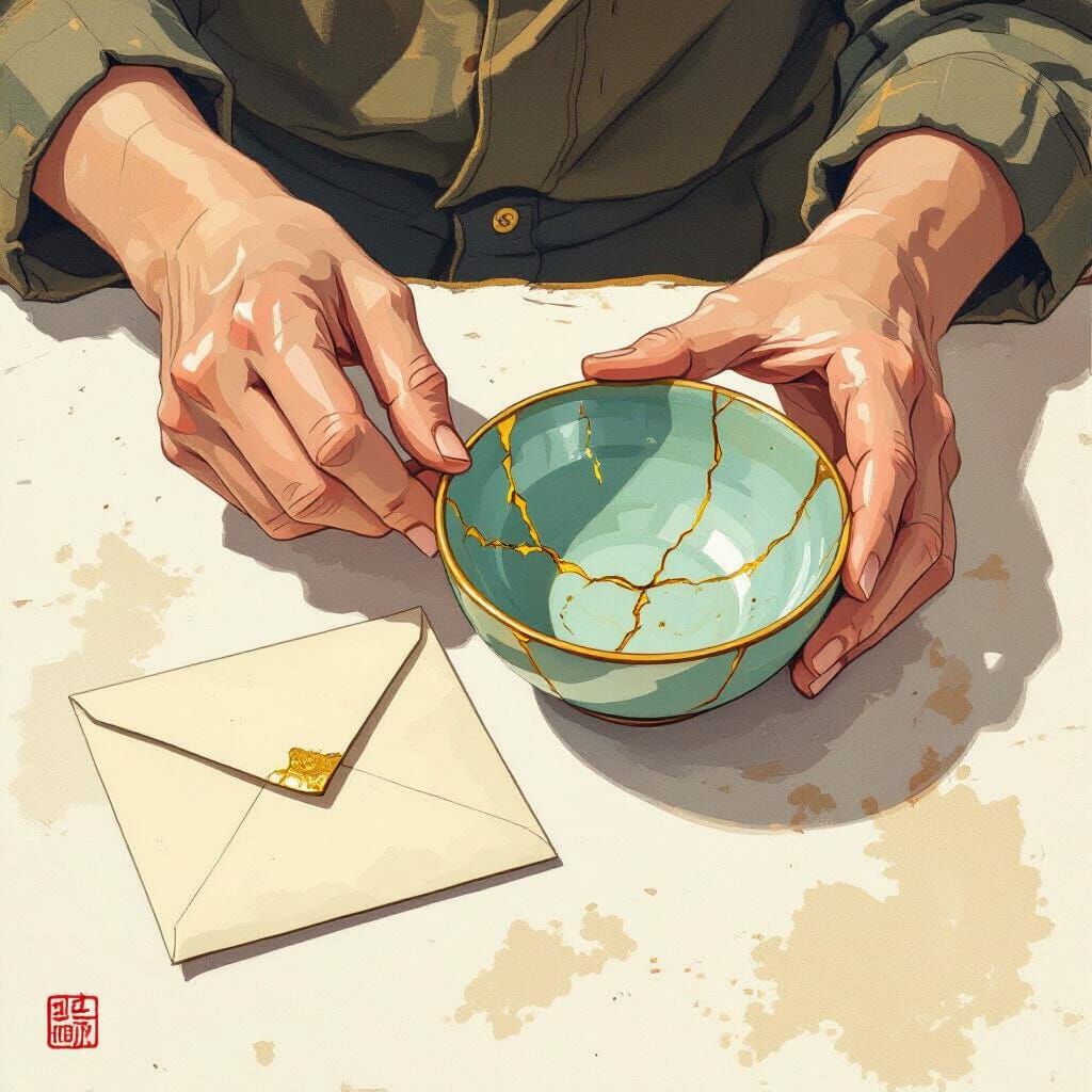 Hands Present Kintsugi Bowl and Letter Art