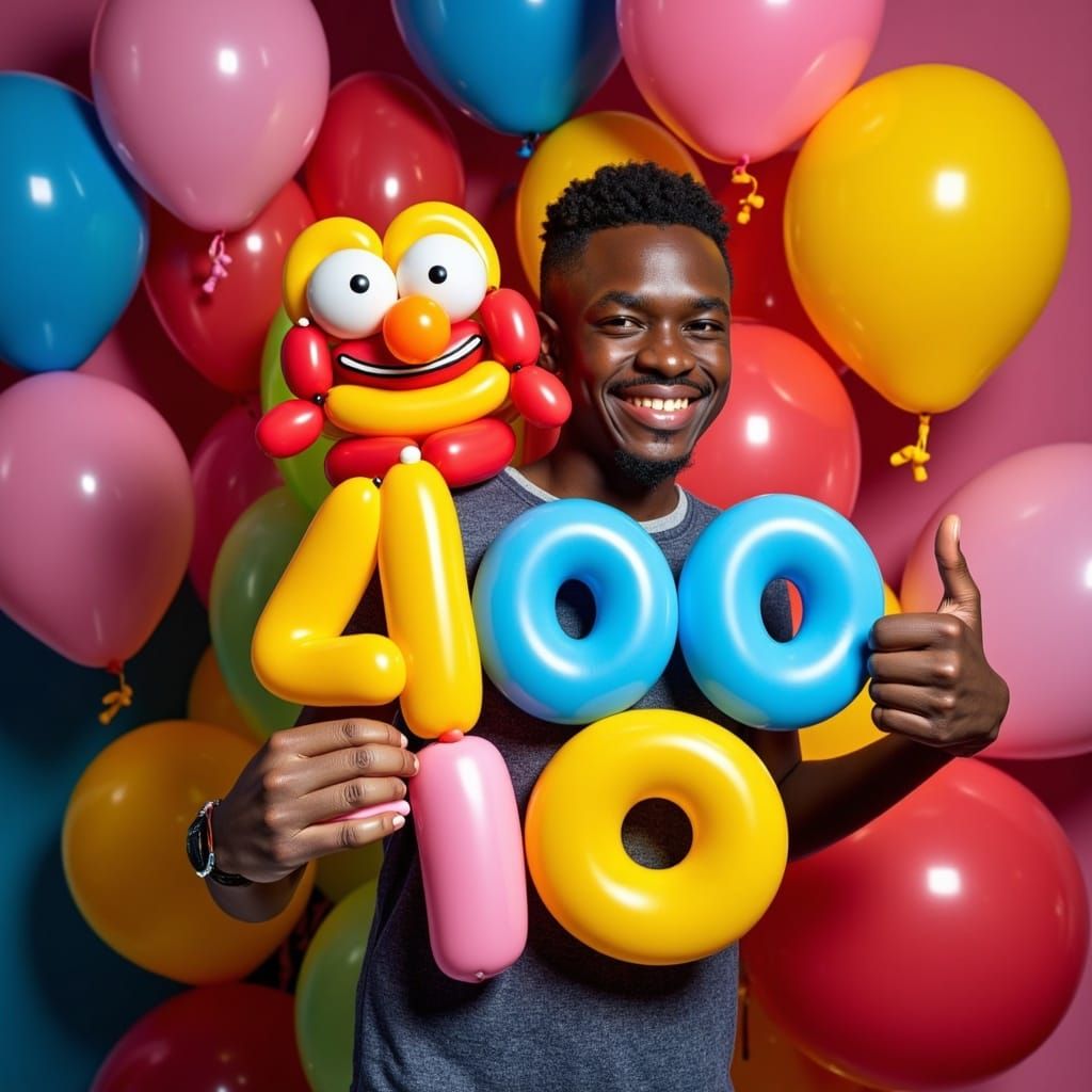 Smiling Achiever Surrounded by Vibrant Balloon Celebration