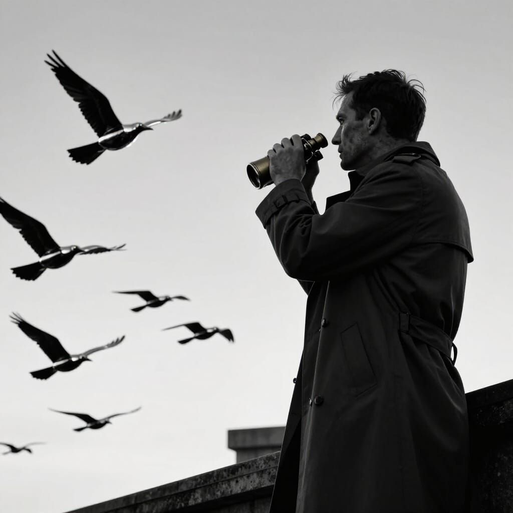 Man Watches Robotic Birds in Noir Style