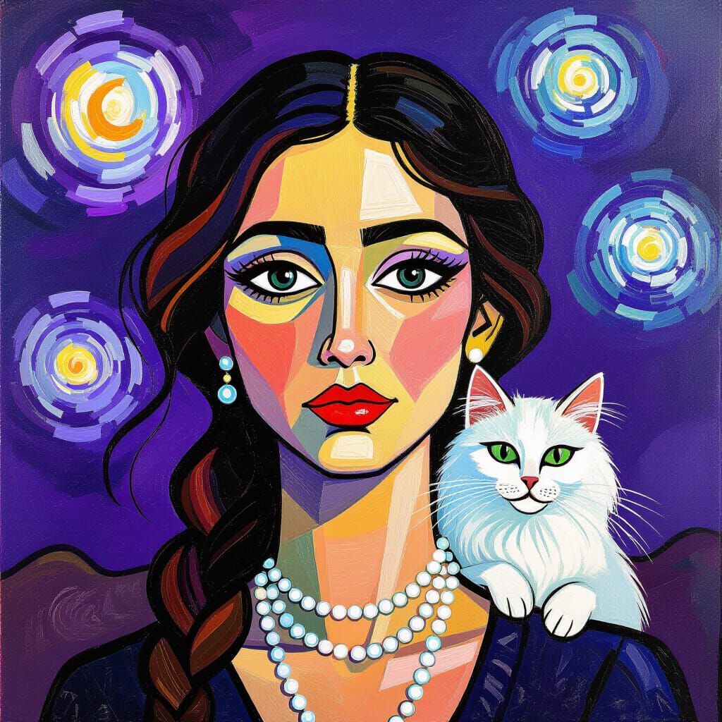 Surprised Woman with Radiant Hair and Cat Companion