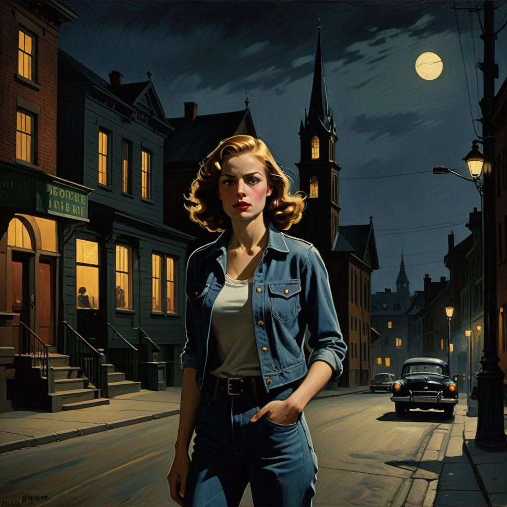 Sleek Film Noir Scene with Young Woman in Dark Alleyway