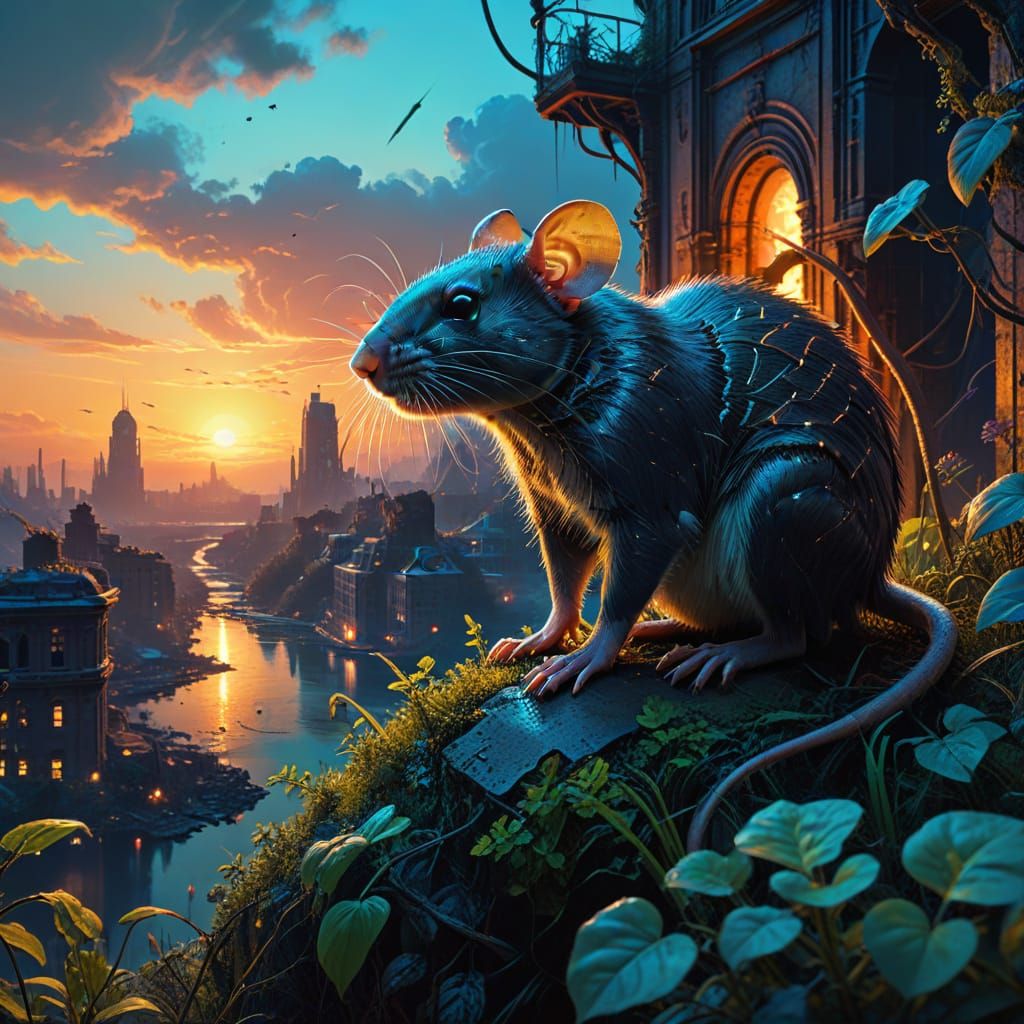 Bioluminescent Rat Firefighter in Ancient Overgrown City