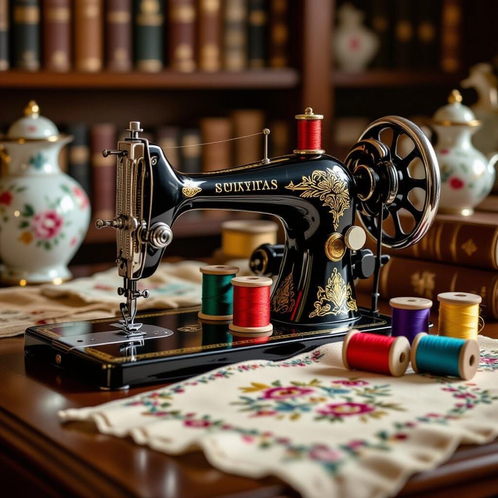 Vintage Sewing Machine with Colorful Threads in Nostalgic St...