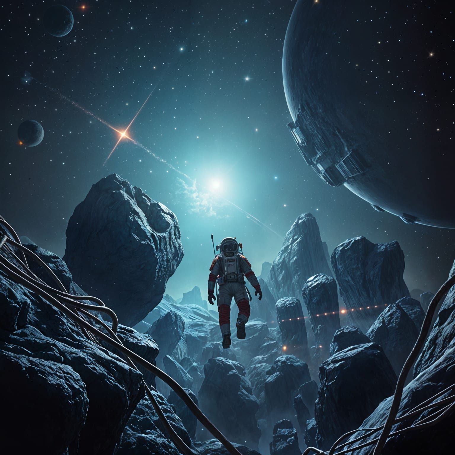 Astronaut Walking in Asteroid Belt Landscape