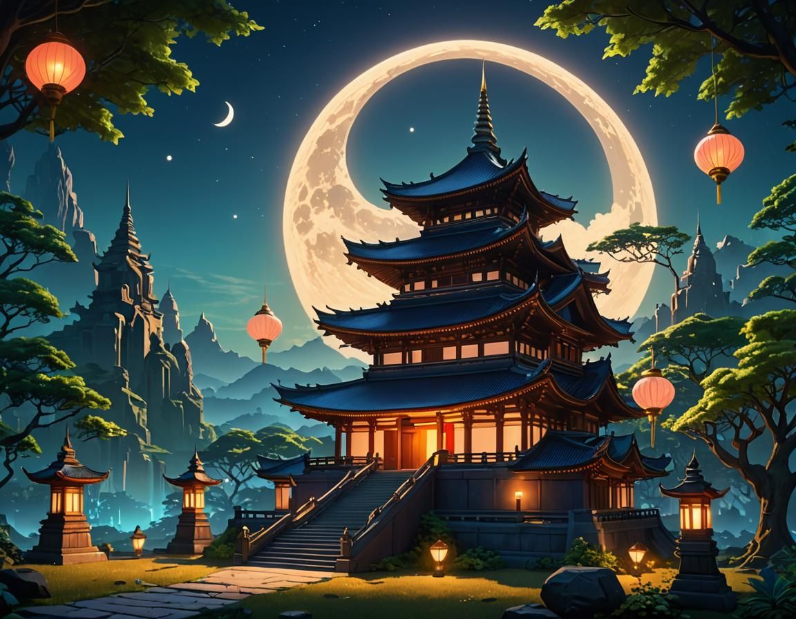 Illuminated Moon Temple in Futuristic Anime Style
