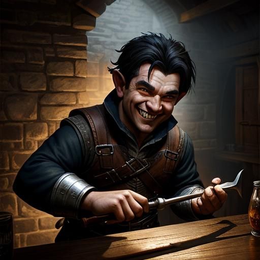 Sinister Halfling Sharpening Sickle in Tavern