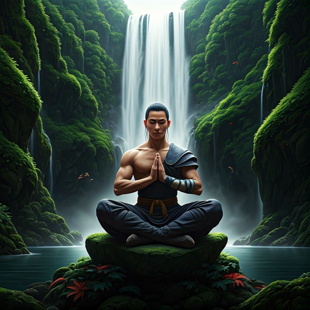 Shaolin Fighter Meditates Under Moonlit Waterfall