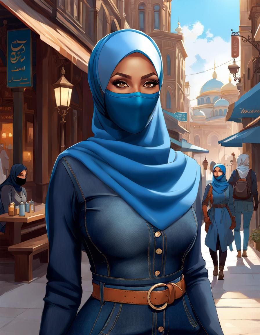 Hijabi Woman in Cityscape, Hyperdetailed Art