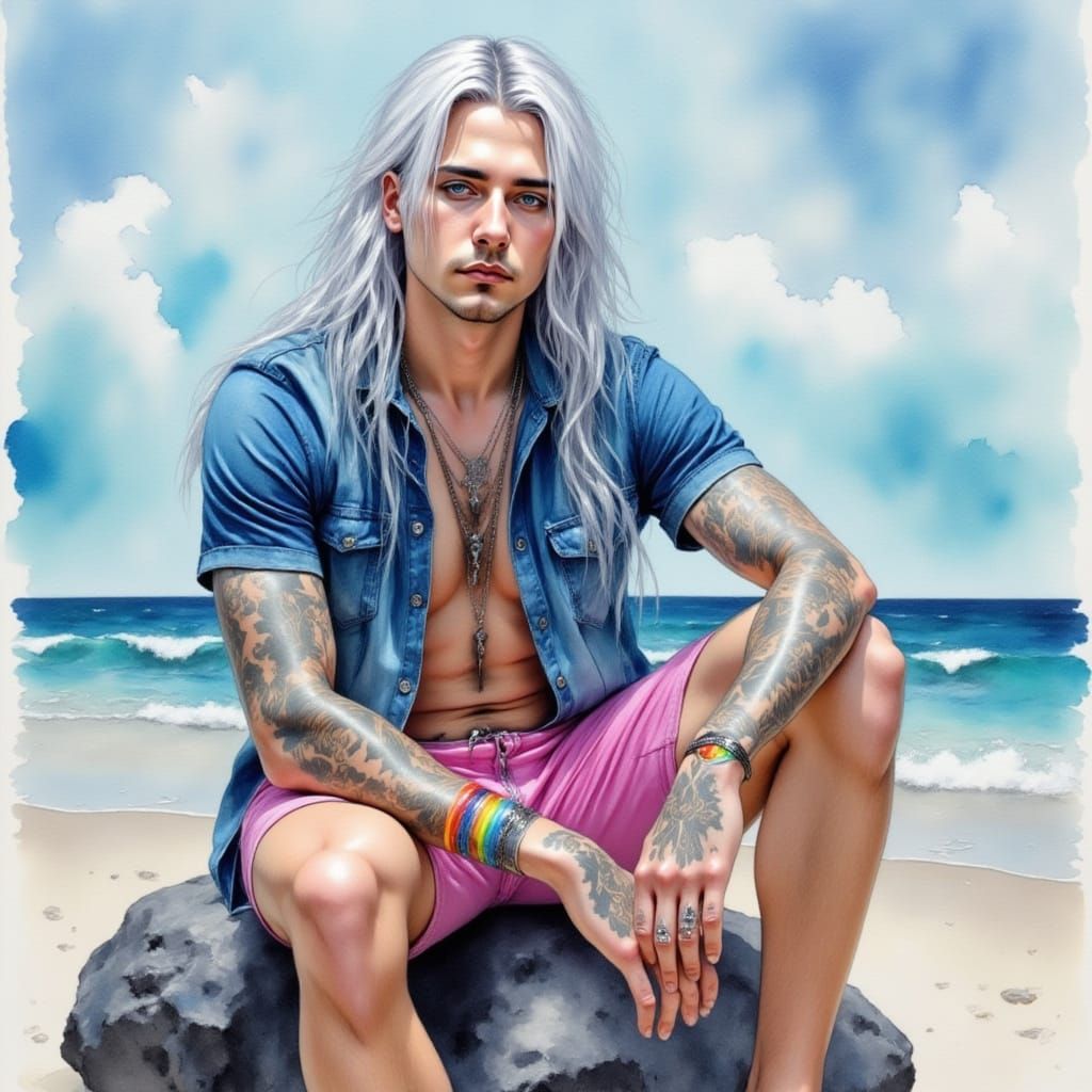 Man with Metallic Hair Contemplates Ocean in Watercolor Rena...