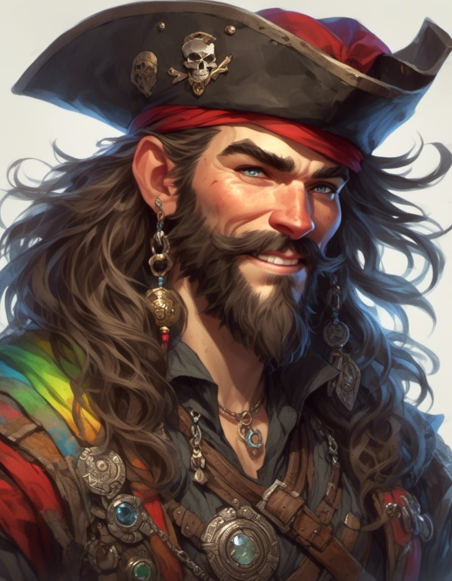 Rainbow Headed Pirate Captain Sailing for Treasure