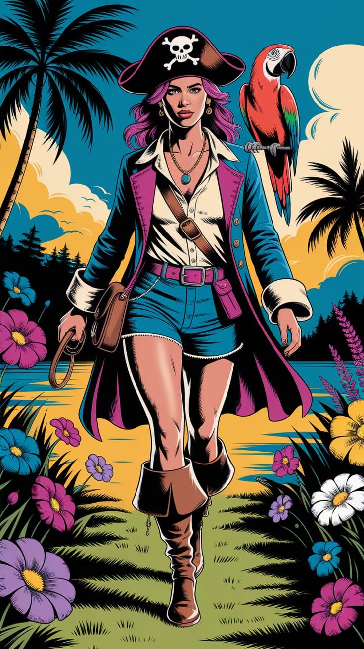 Pirate Explorer and Parrot in Pulp Comic Style