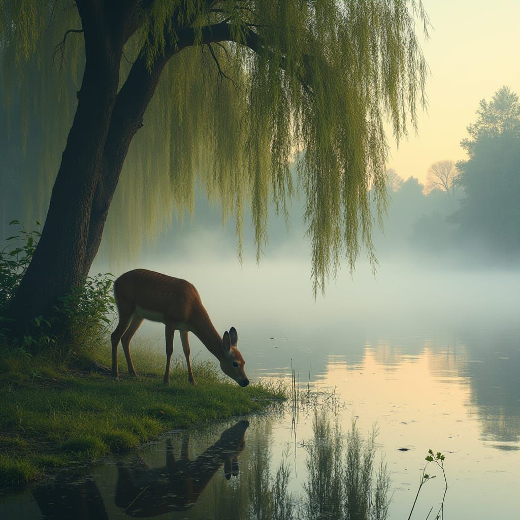 Doe Drinking at Lake Edge in Hyper-Realistic Detail
