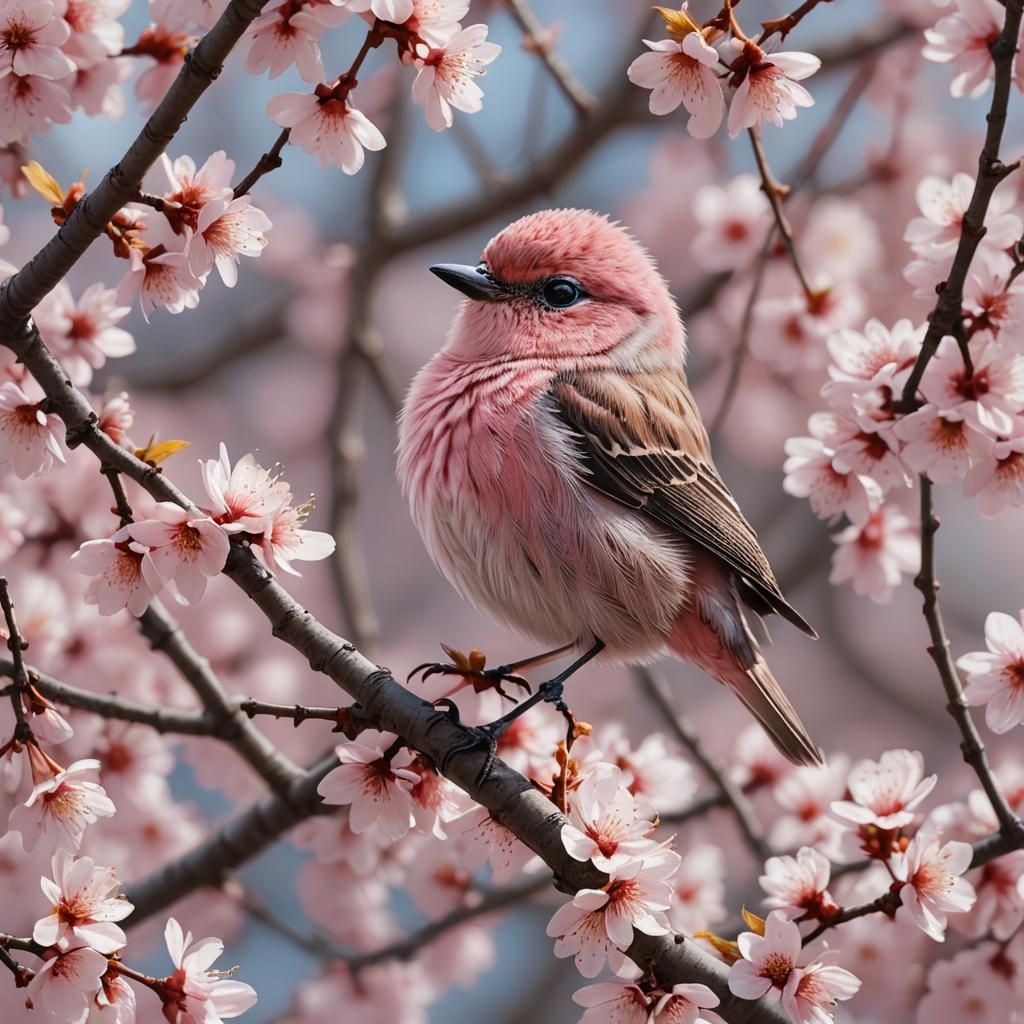 Cute Pink Bird on Sakura Tree in Detailed Painting