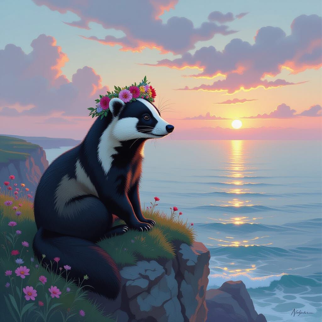 Art Nouveau Badger on Windswept Cliff at Twilight