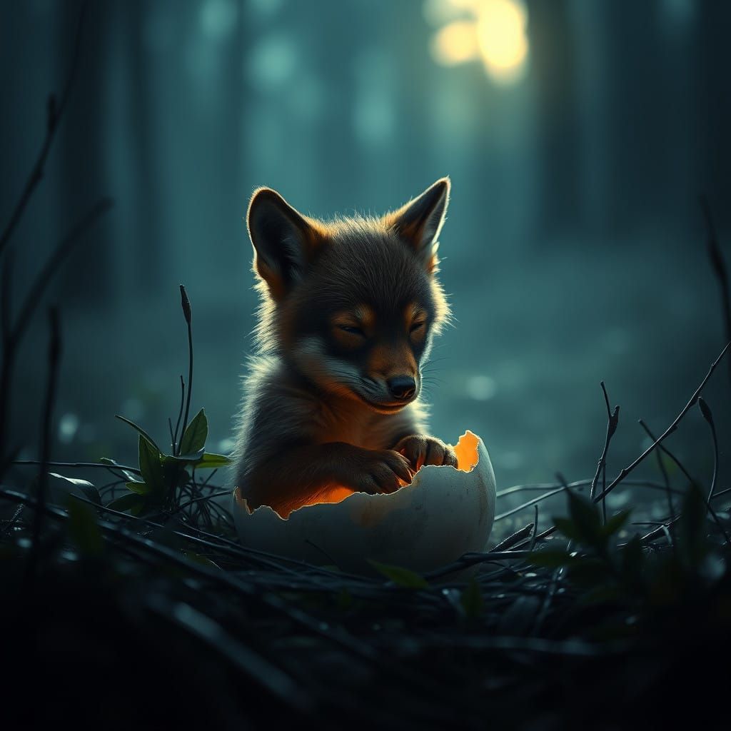 A maned wolf egg hatching in a darkened forest