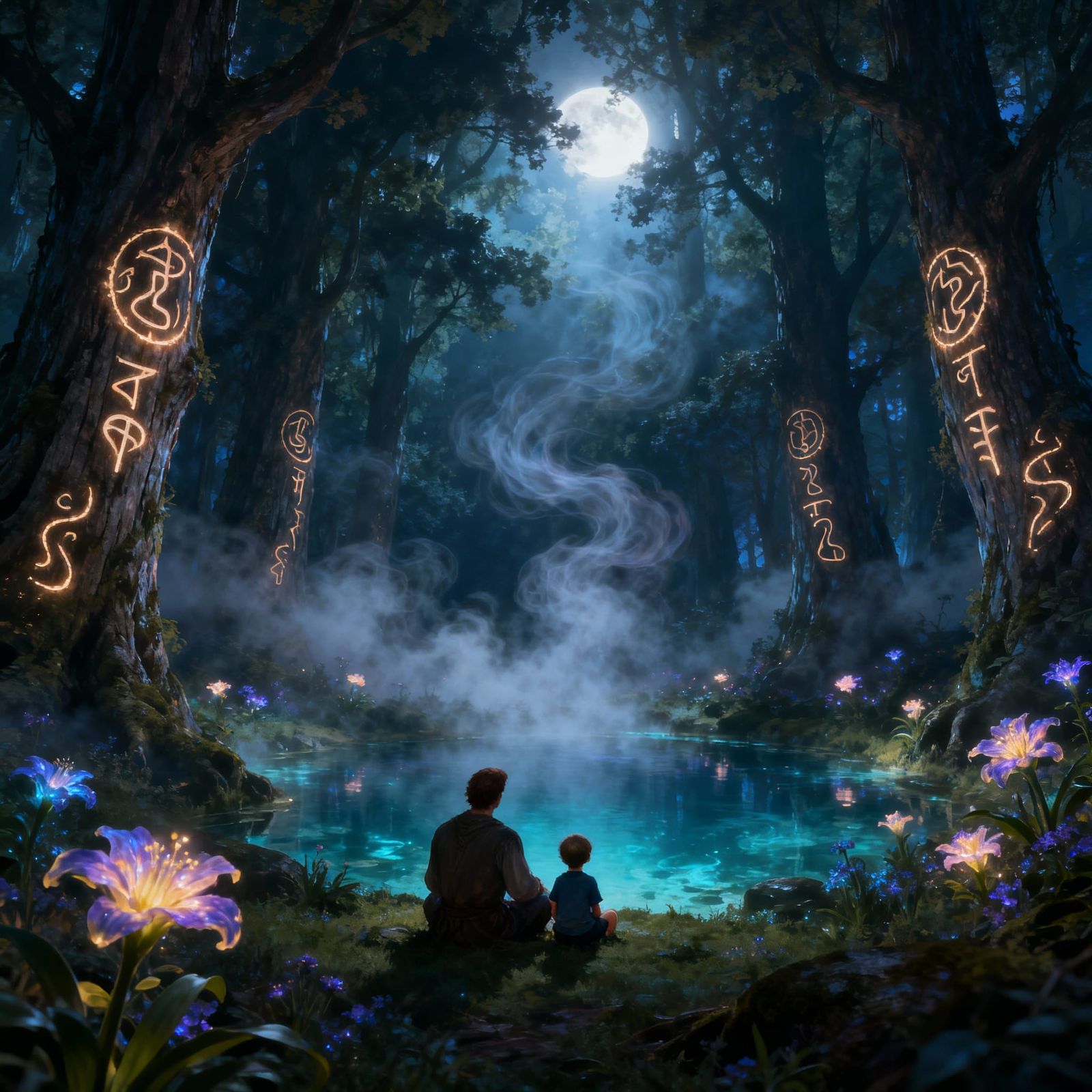 Ethereal Forest Clearing With Mystical Pool and Moonlight