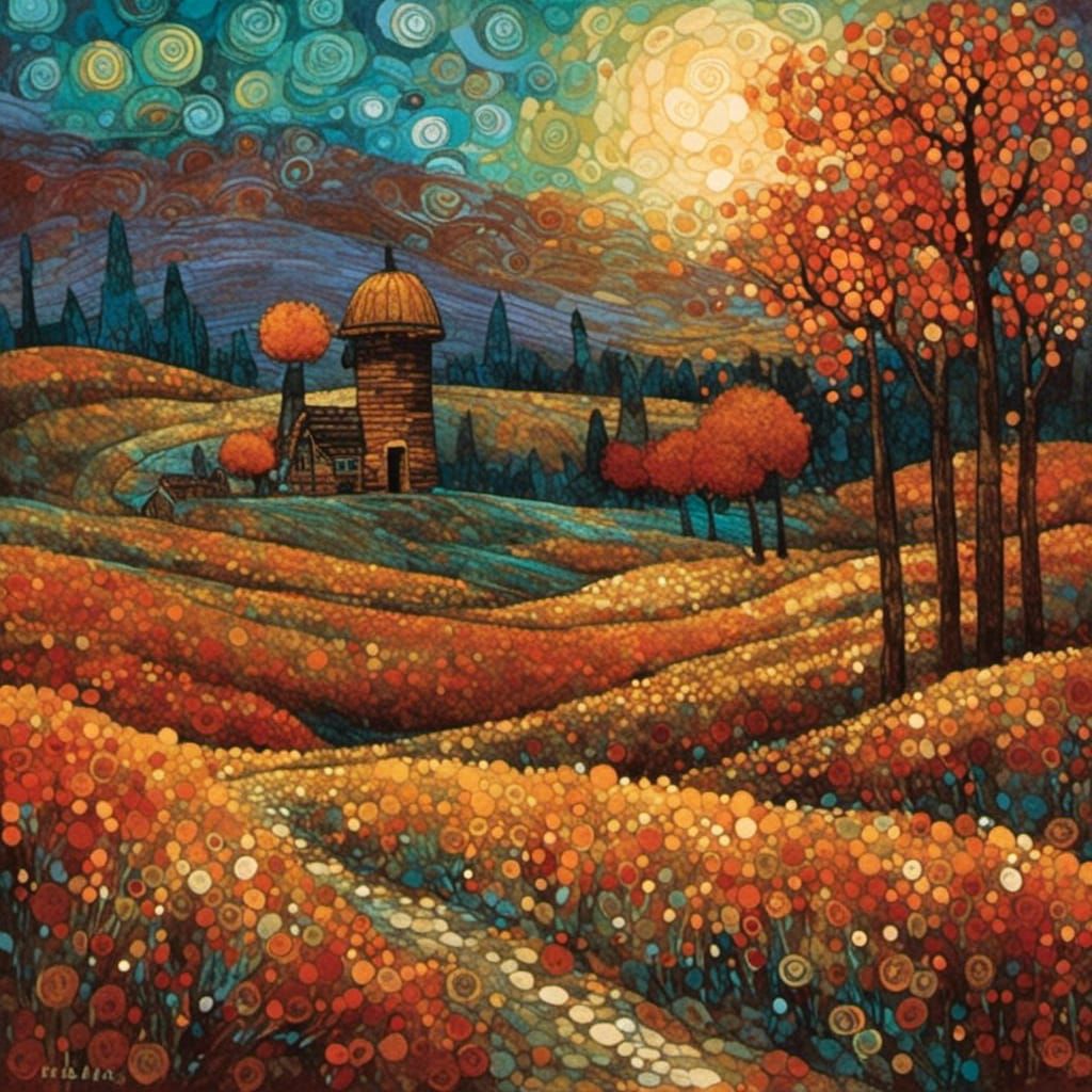 Autumn Windmill Landscape in Folk Art Style