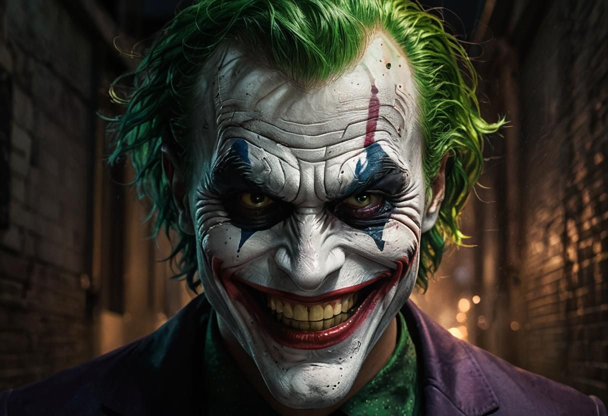 Hyperrealistic Joker Portrait in Gritty Cityscape
