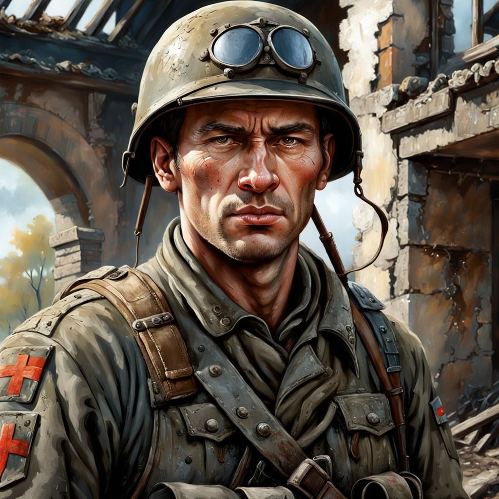 WWII Soldier in Ruins: Post-Apocalyptic Acrylic Portrait