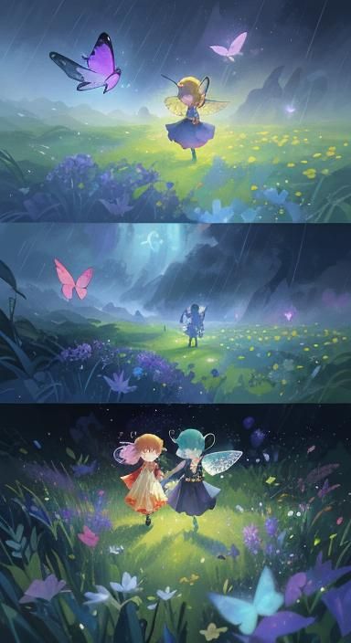 Fairies Dancing on a Flower in the Rain