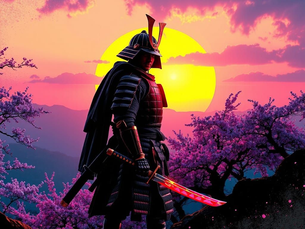 Glitching Samurai Silhouette Against Digital Sunset
