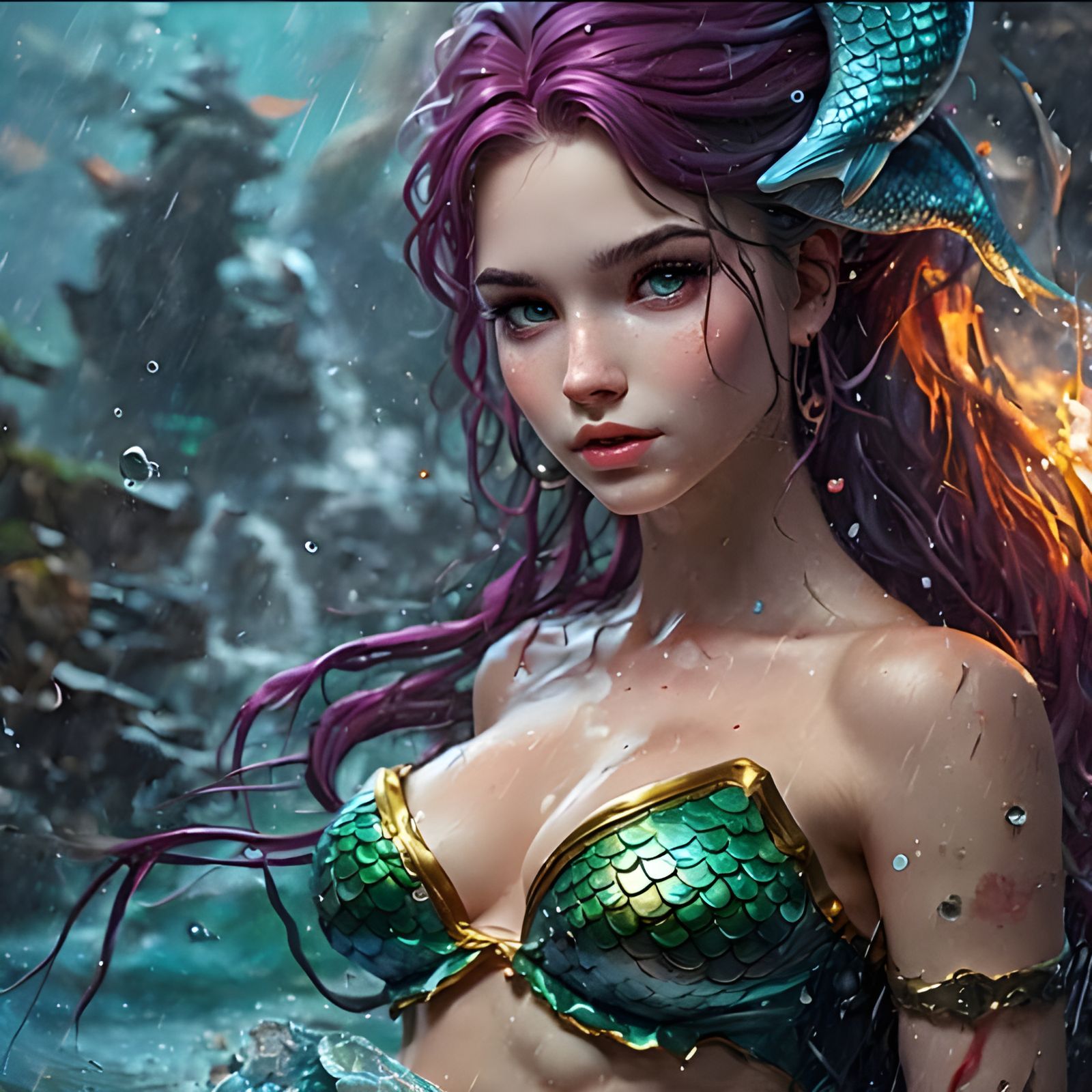 Anime Mermaid in Storm, Impasto Oil Painting