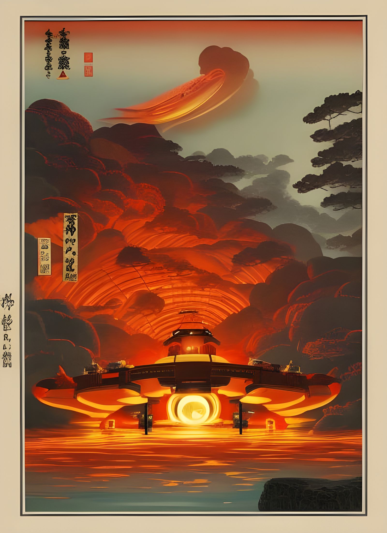 Japanese Airship in Hell: Ink and Watercolor Art