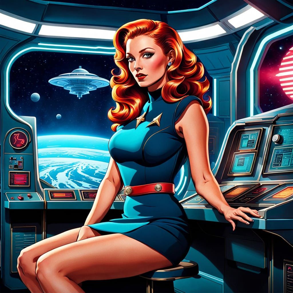 Starfleet Officer at Science Station in Retro-Futuristic Sty...