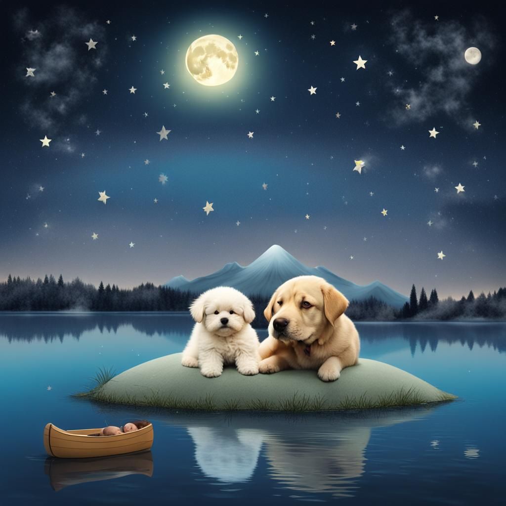 Baby Cuddles Surreal Dog Under Moonlight