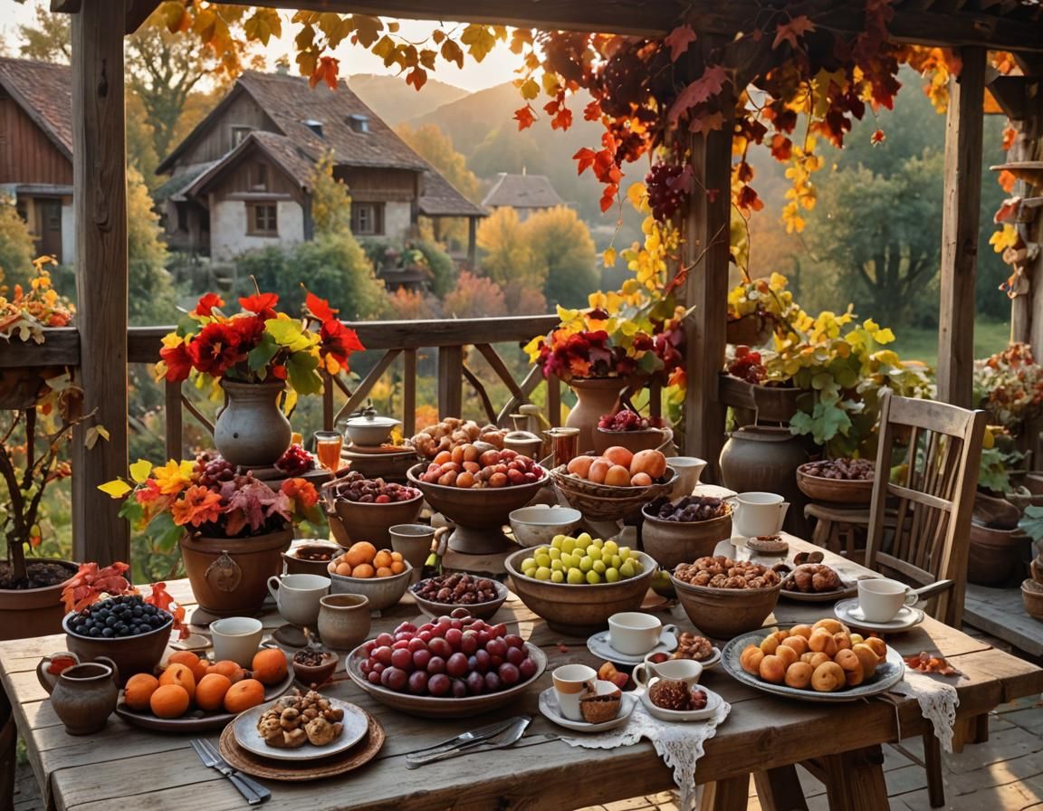 Autumn Terrace Breakfast in Hyperrealistic Style