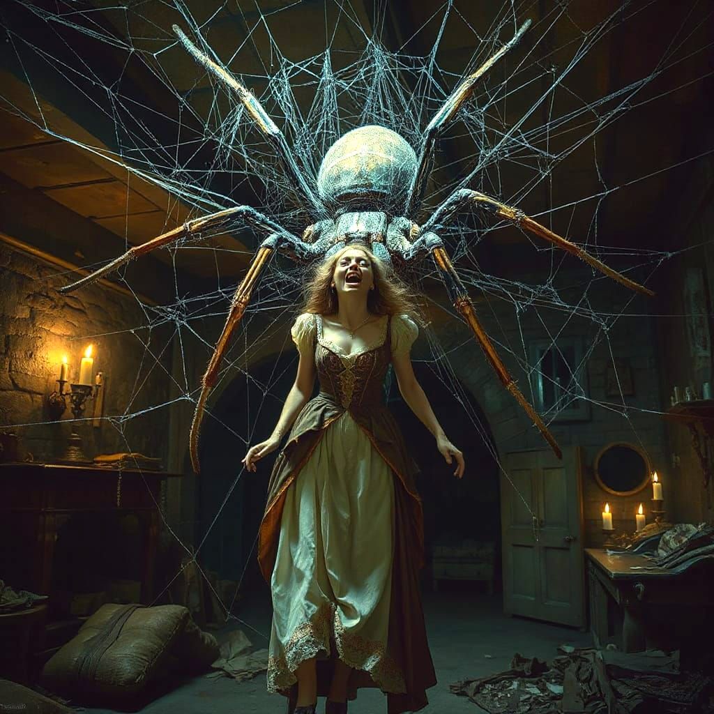 Victorian Maiden Trapped in Giant Spiderweb