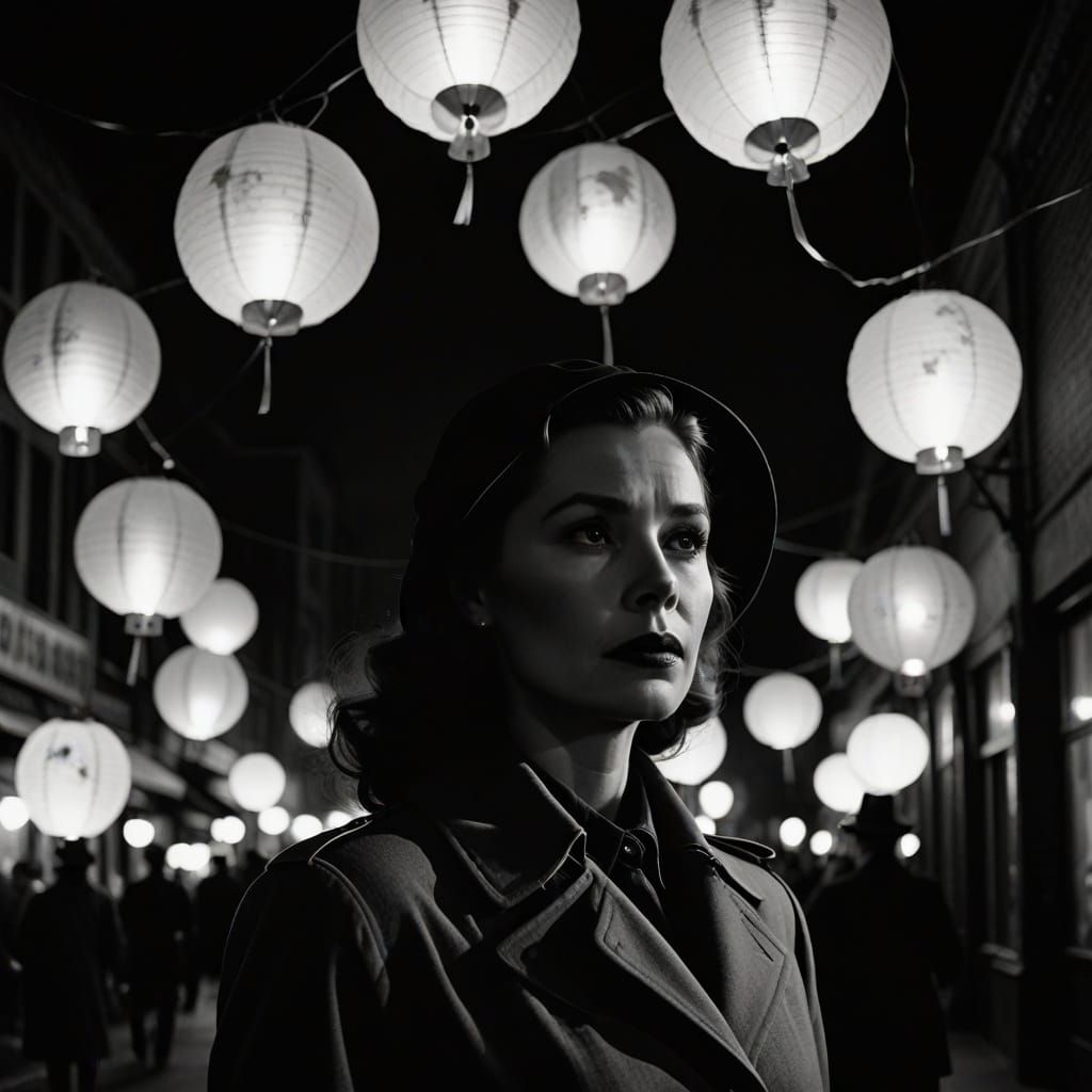 Classic Hollywood Noir Woman Under Glowing Lanterns