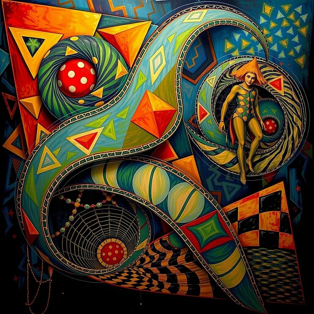 Harlequin in Hypnotic Maze of Geometric Optical Illusion