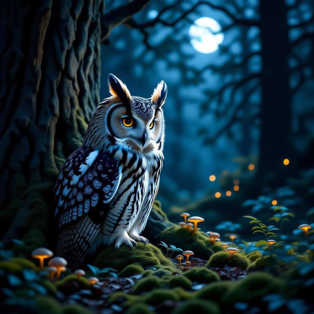 Majestic Owl Mimics Oak Bark in Moonlit Forest