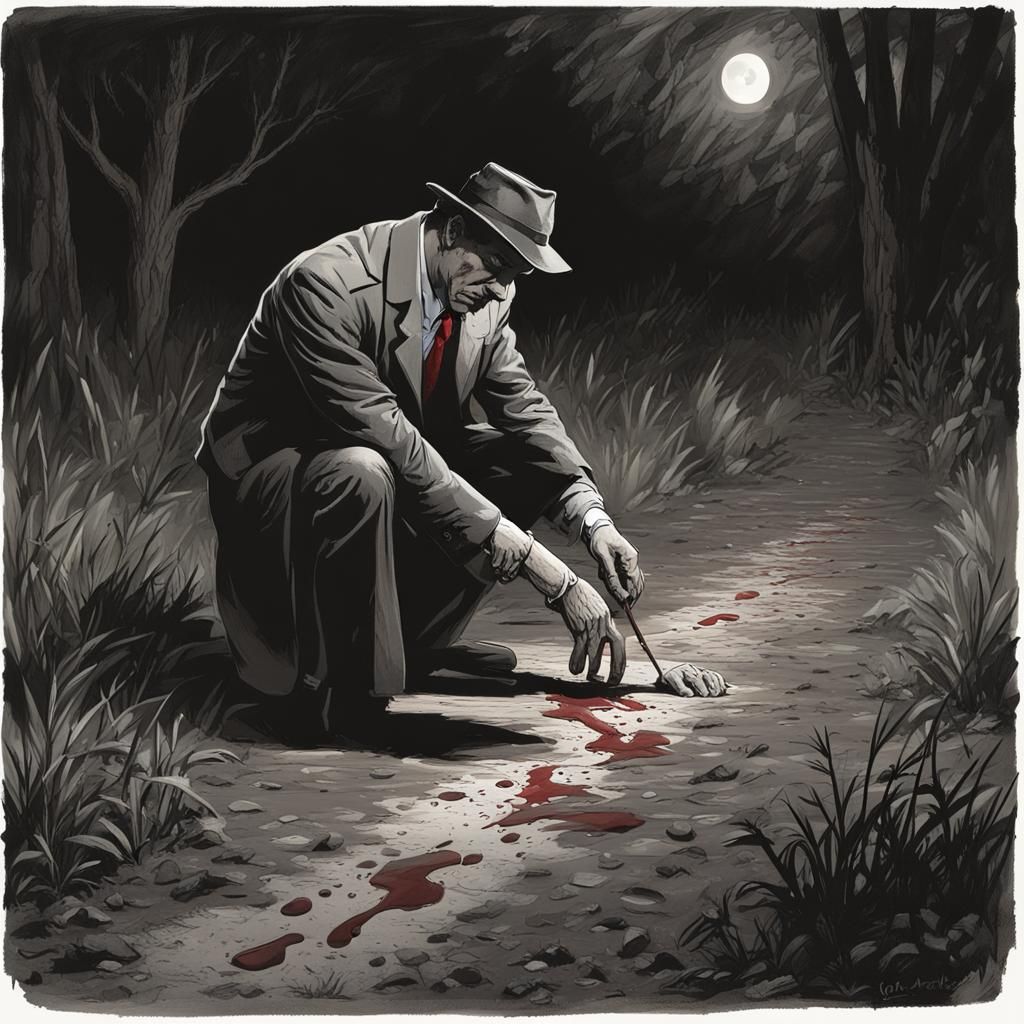 Sinister Detective Investigates Bloody Cloth by Moonlight
