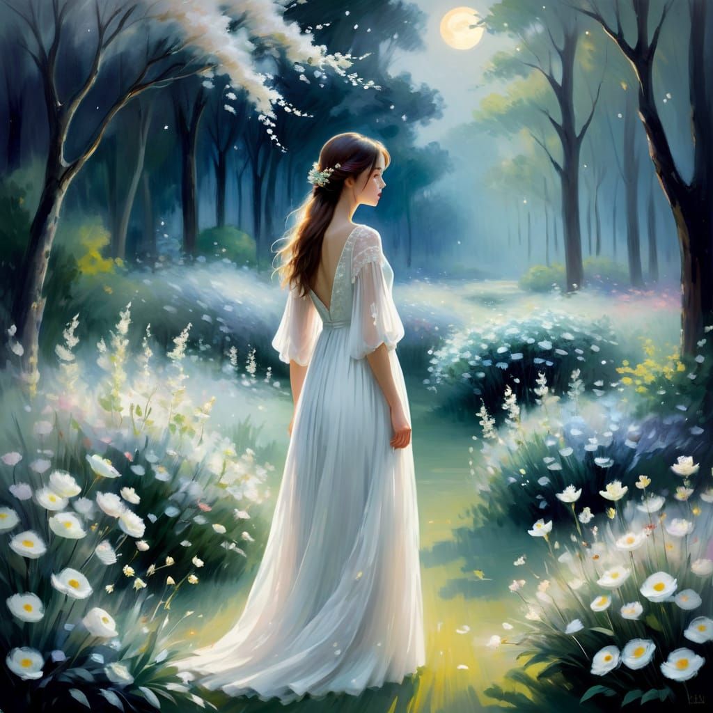Serene Moonlit Garden in Dreamy Impressionist Style