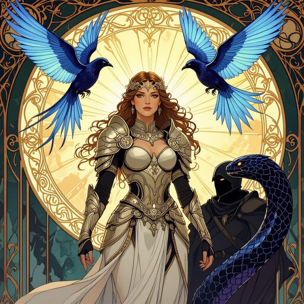 Warrior Woman and Magical Bird in Art Nouveau Style