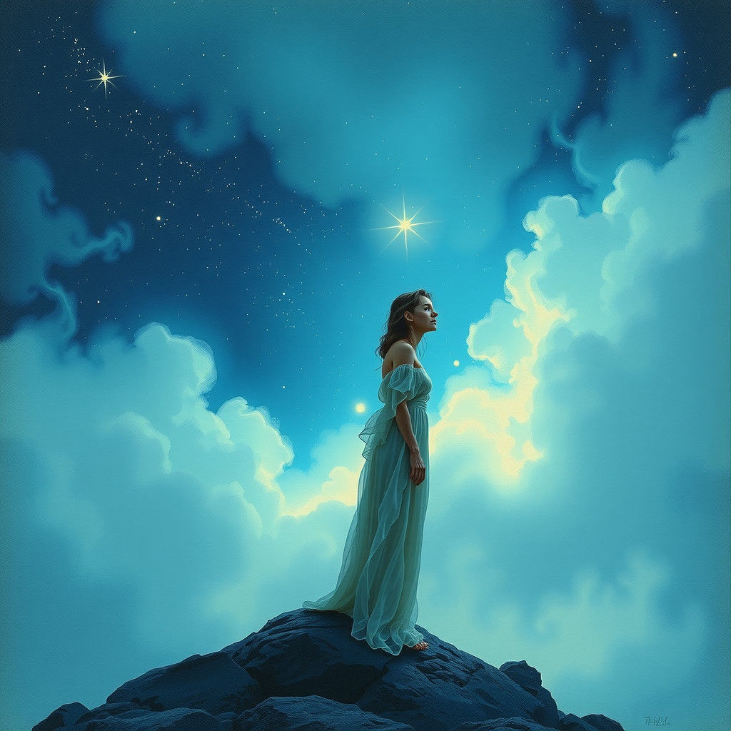 Ethereal Woman Contemplates Starry Night in Dreamlike Futuri...