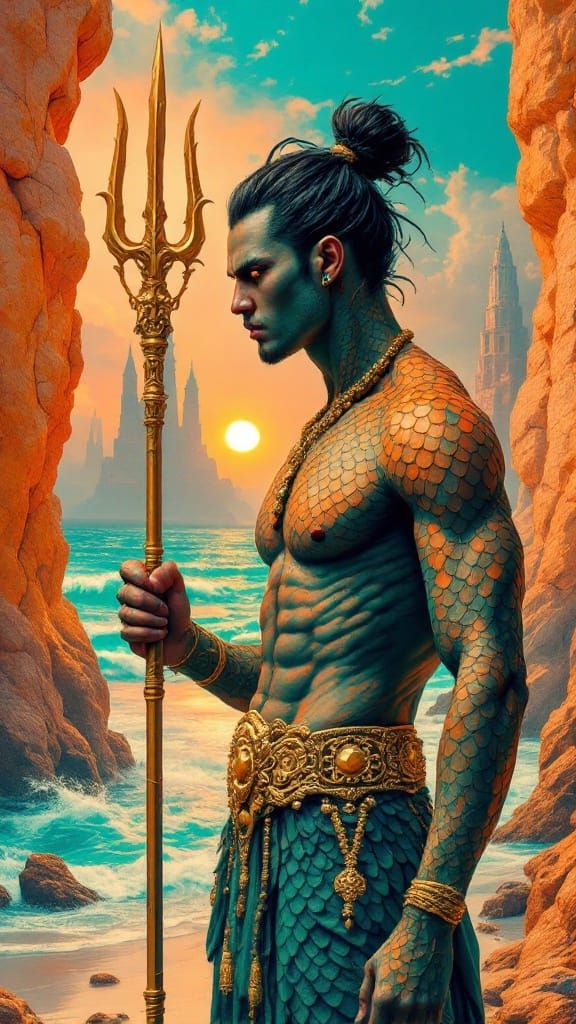 Mystical Warrior Emerges in Dreamlike Beach Scene