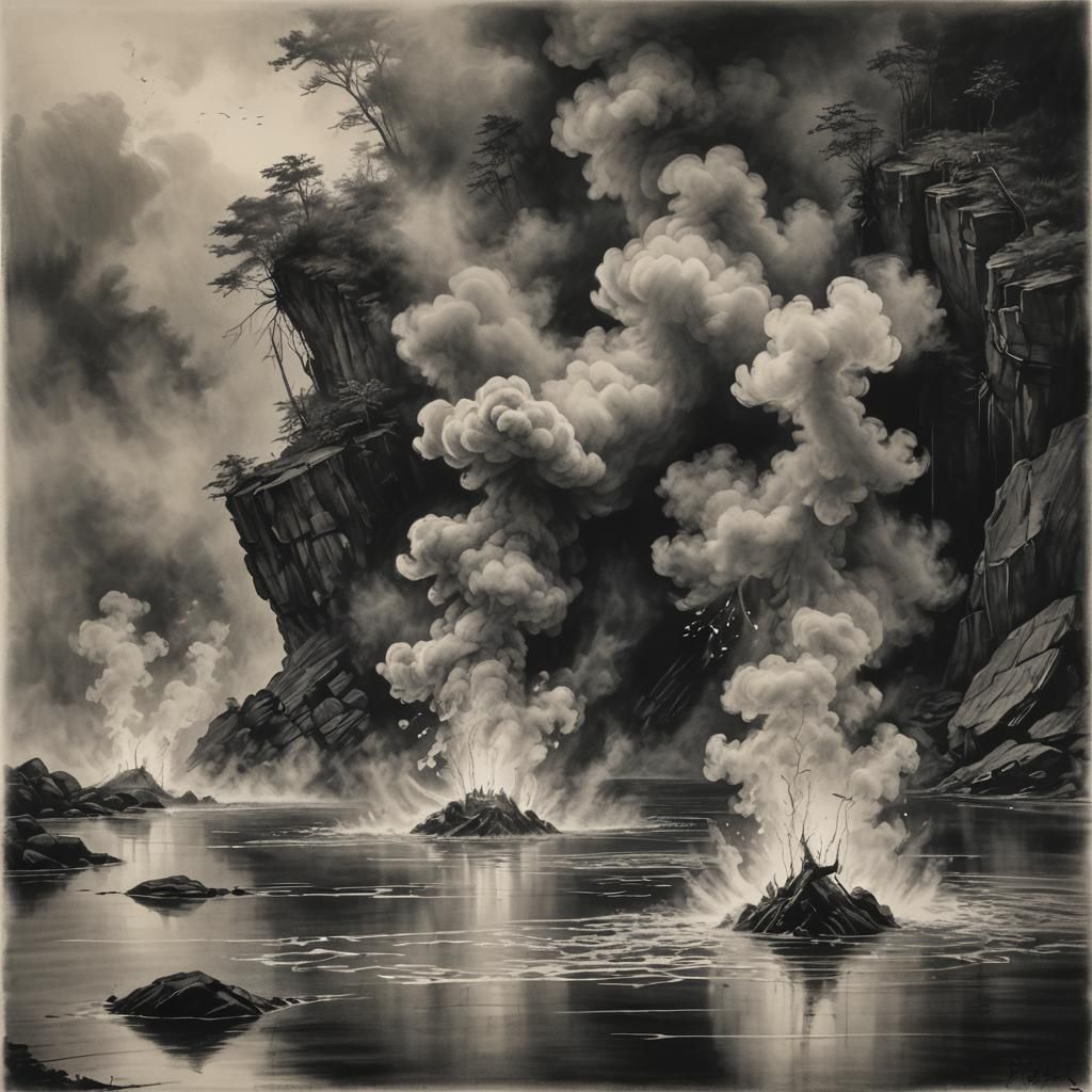 Dramatic Charcoal Drawing of Misty Waterscape